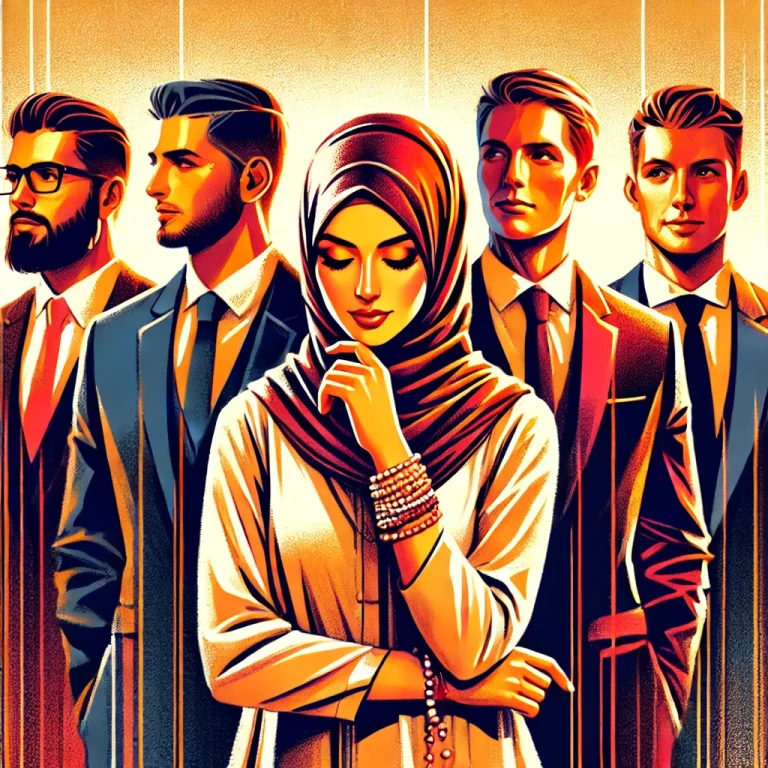 illustration of a woman thoughtfully choosing one man from a group of four.